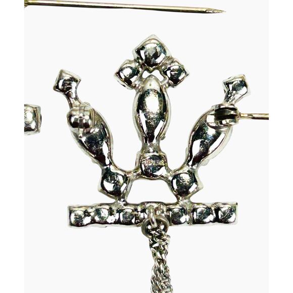Vintage Sterling Chatelaine Brooch Pin Rhinestone Double Crowns Chains - Picture 7 of 10